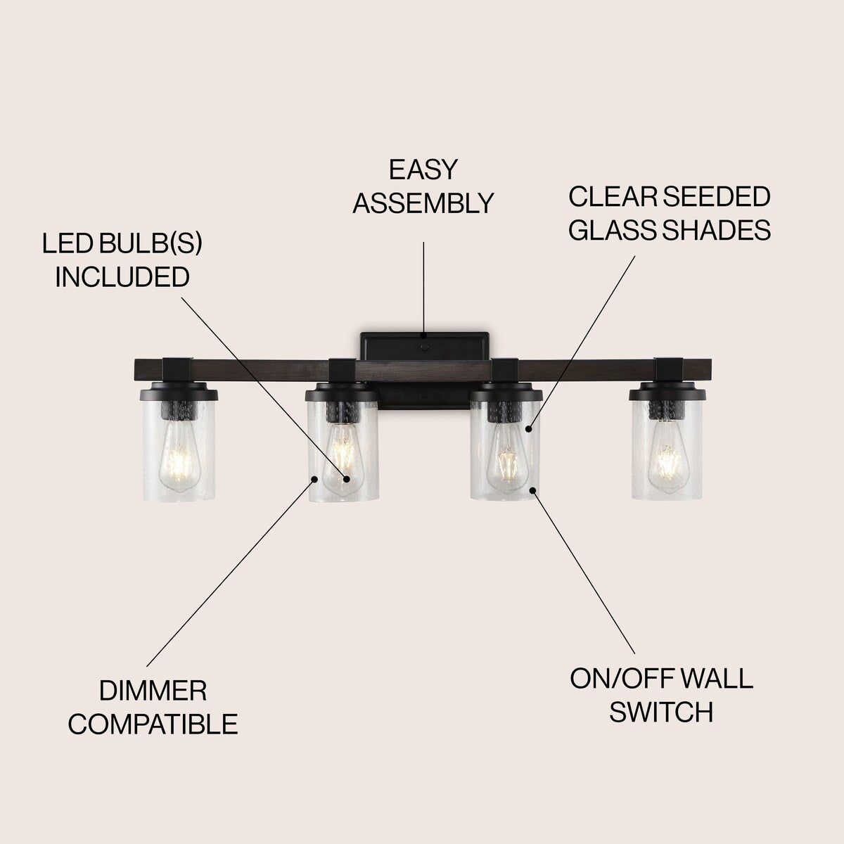 Ferme Iron/Seeded Glass Rustic Farmhouse LED Vanity Light, by JONATHAN Y
