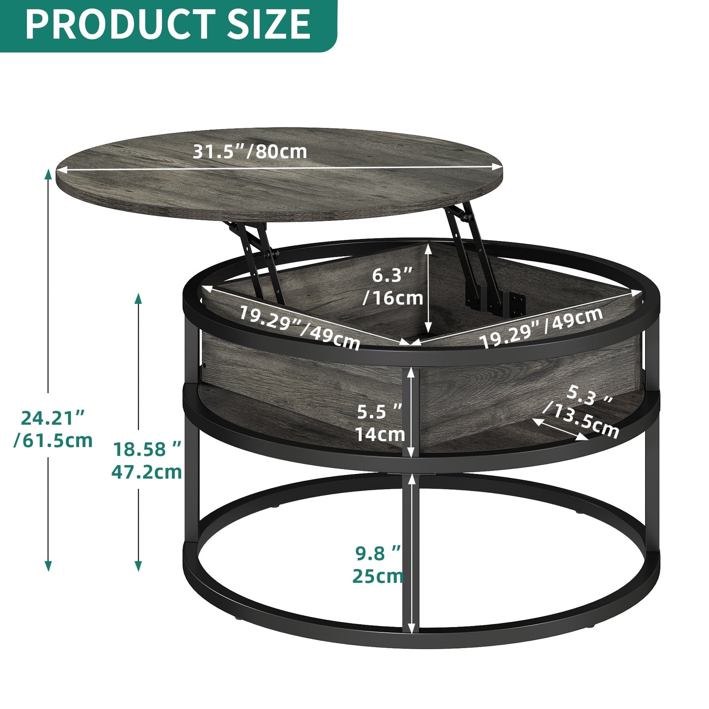 Table basse ronde Moasis avec plateau relevable et rangement dissimulé