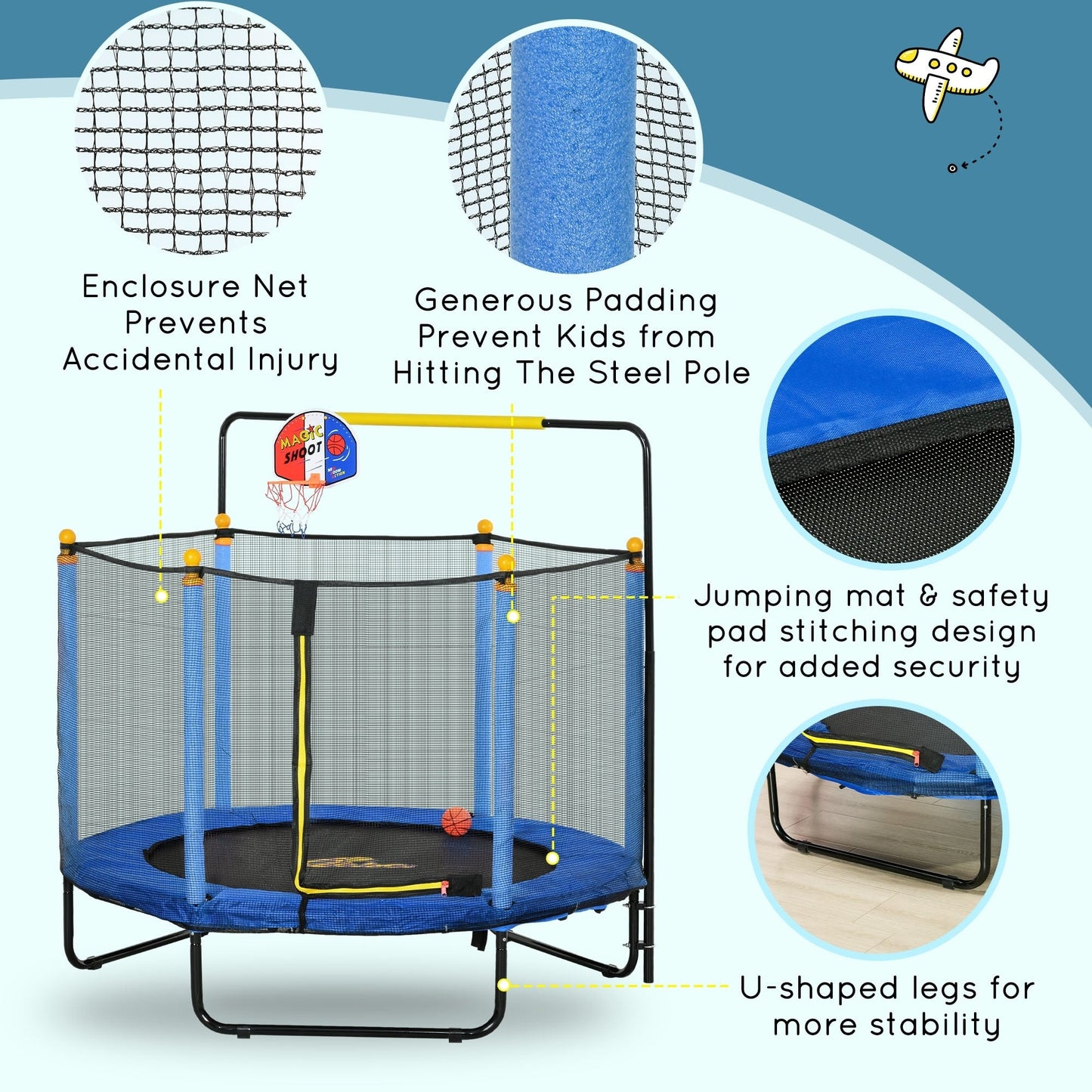 Qaba 4.6' Kids Trampoline with Basketball Hoop, Horizontal Bar, 55 Indoor Trampoline with Net