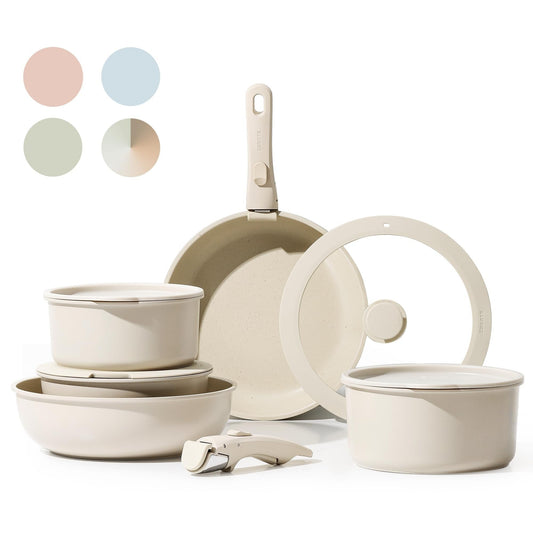 Ensemble de 11 casseroles et poêles antiadhésives avec poignée amovible, ustensiles de cuisine à induction antiadhésifs avec poignée amovible