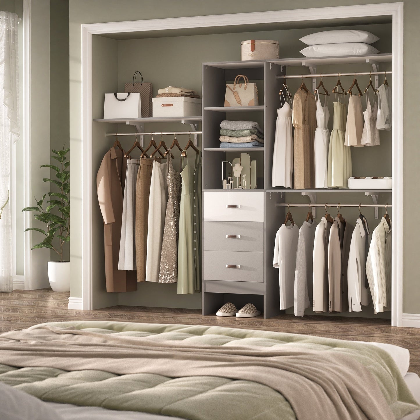 Rackcog Organiseur de placard réglable de 120 pouces avec tiroirs, système de placard avec étagères de bricolage pour placards et dressings