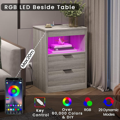2 Drawers LED Nightstand Wireless Charging Station Pull-Out Shelf