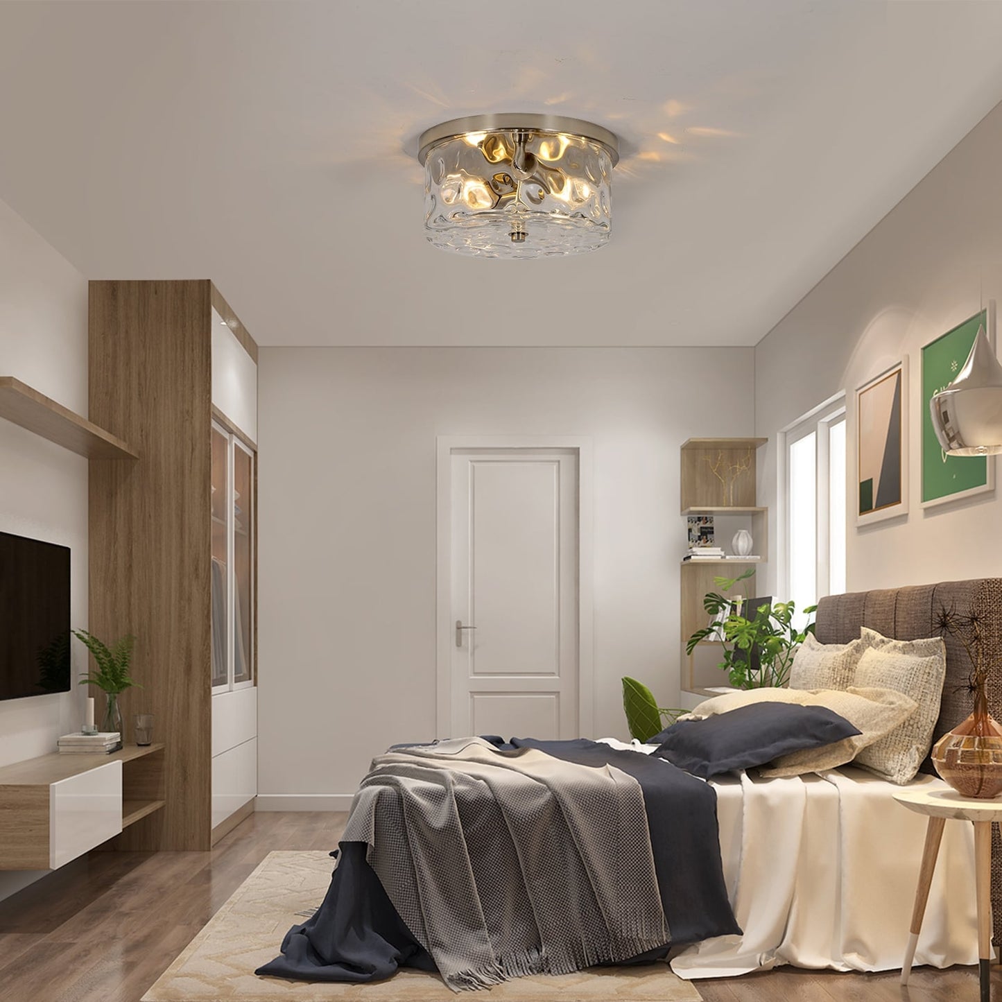 2-Light Flush Mount Ceiling Light with Clear Hammered Glass