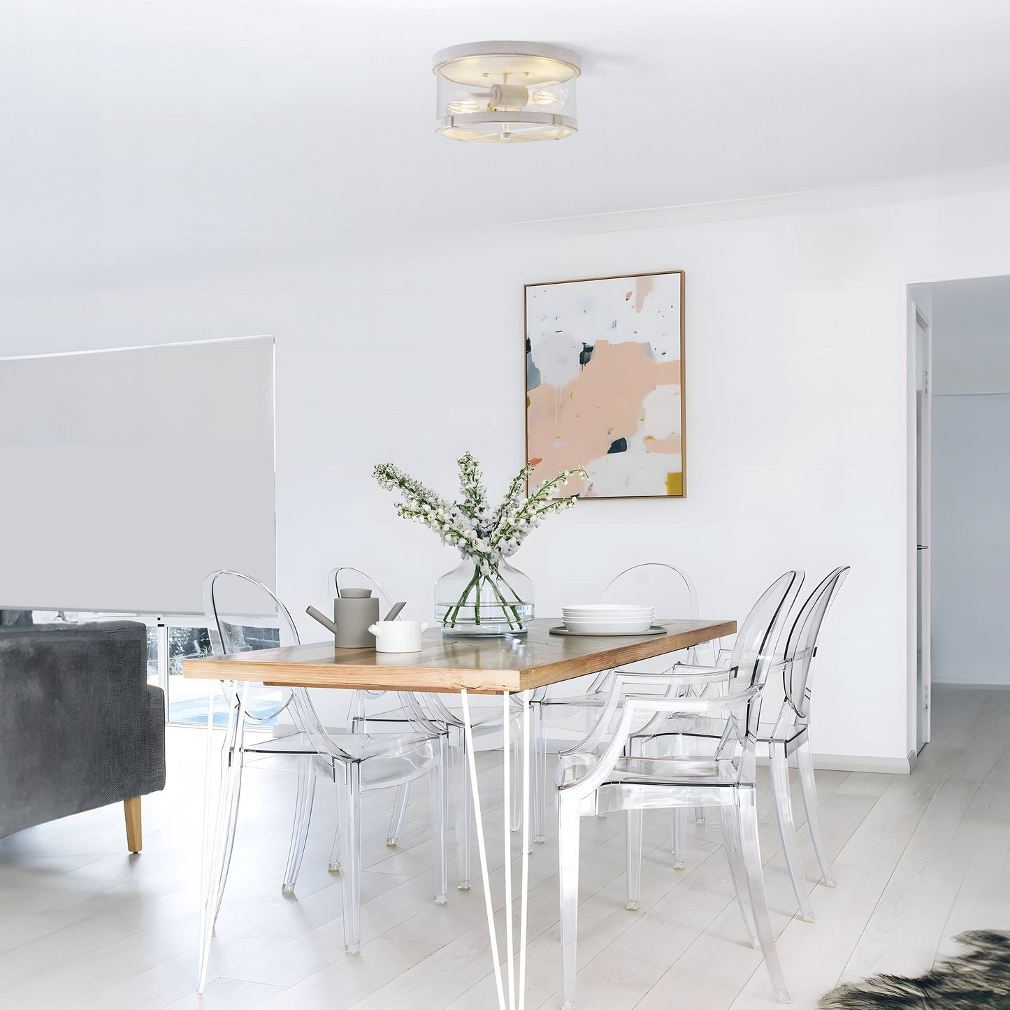 2-Light Flush Mount Clear Glass Ceiling Light with Metal Frame