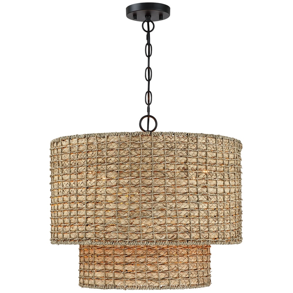 Suspension tambour traditionnelle en rotin naturel à 4 lumières avec auvent noir - Noir/ocre - 50,8 cm de largeur