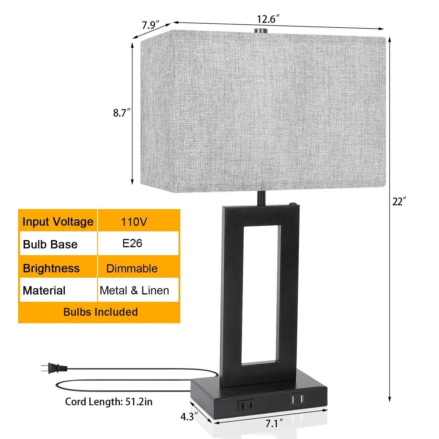 22 Gray USB Table Lamp Set With Touch Control