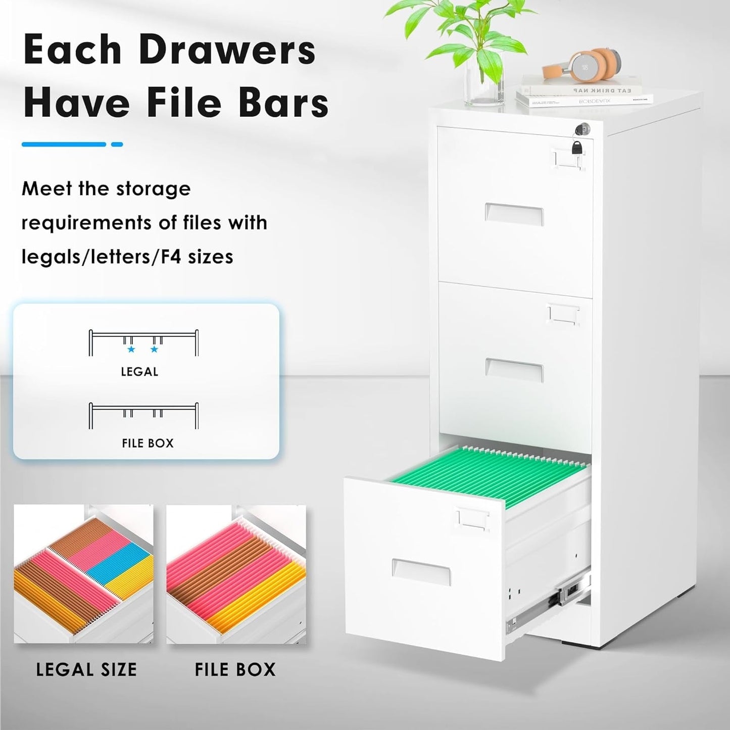 3 Drawer Metal Locking File Cabinet for Home Office, Rolling Cabinet Fully Assembled
