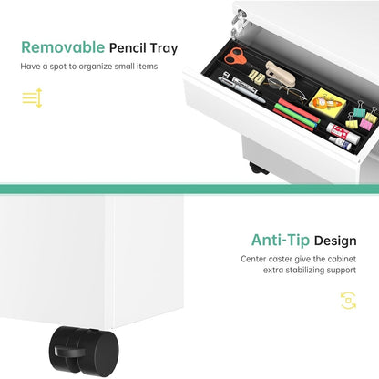 3 Drawer Metal Locking File Cabinet for Home Office, Rolling Cabinet Fully Assembled