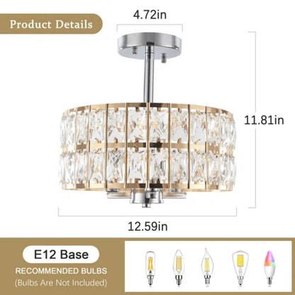 3-Light Crystal Semi Flush Mount Lights for Living Room Hallway