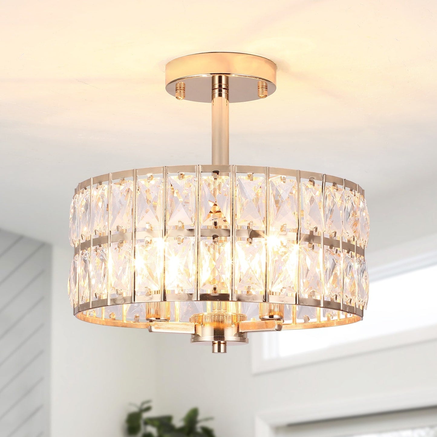 3-Light Crystal Semi Flush Mount Lights for Living Room Hallway