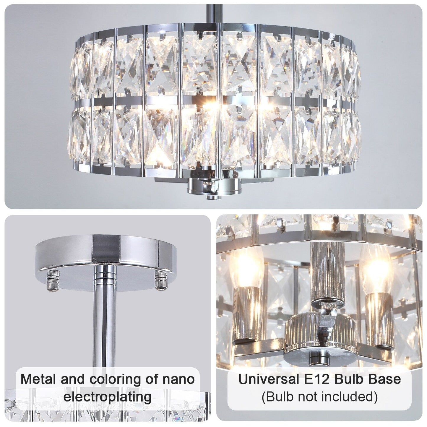 3-Light Crystal Semi Flush Mount Lights for Living Room Hallway