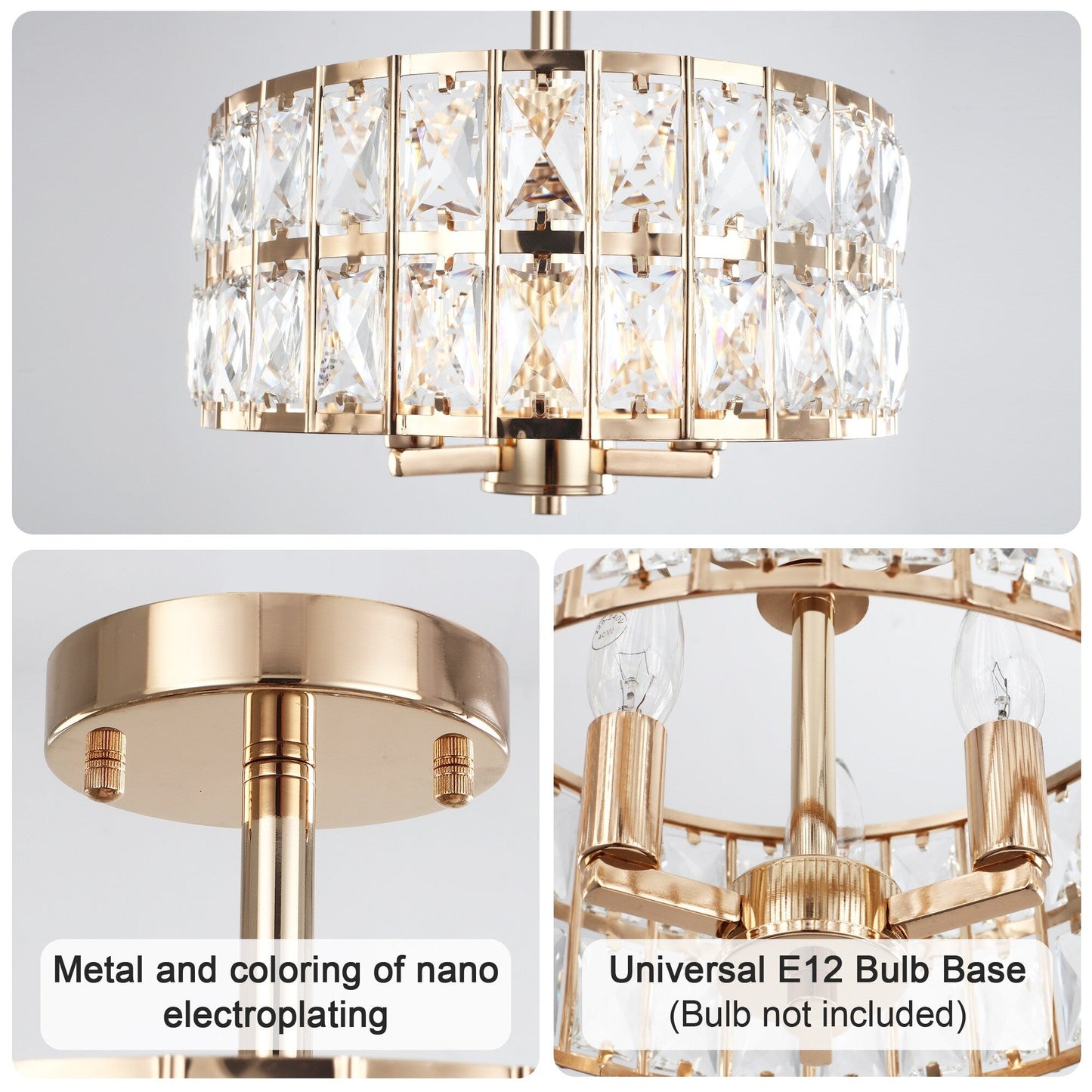 3-Light Crystal Semi Flush Mount Lights for Living Room Hallway