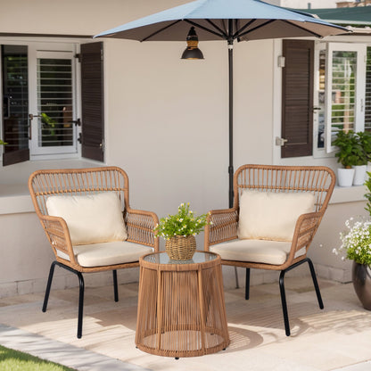 3 Piece Outdoor Wicker Conversation Bistro Set, All-Weather Rattan Furniture Patio Chairs Set with Cushions