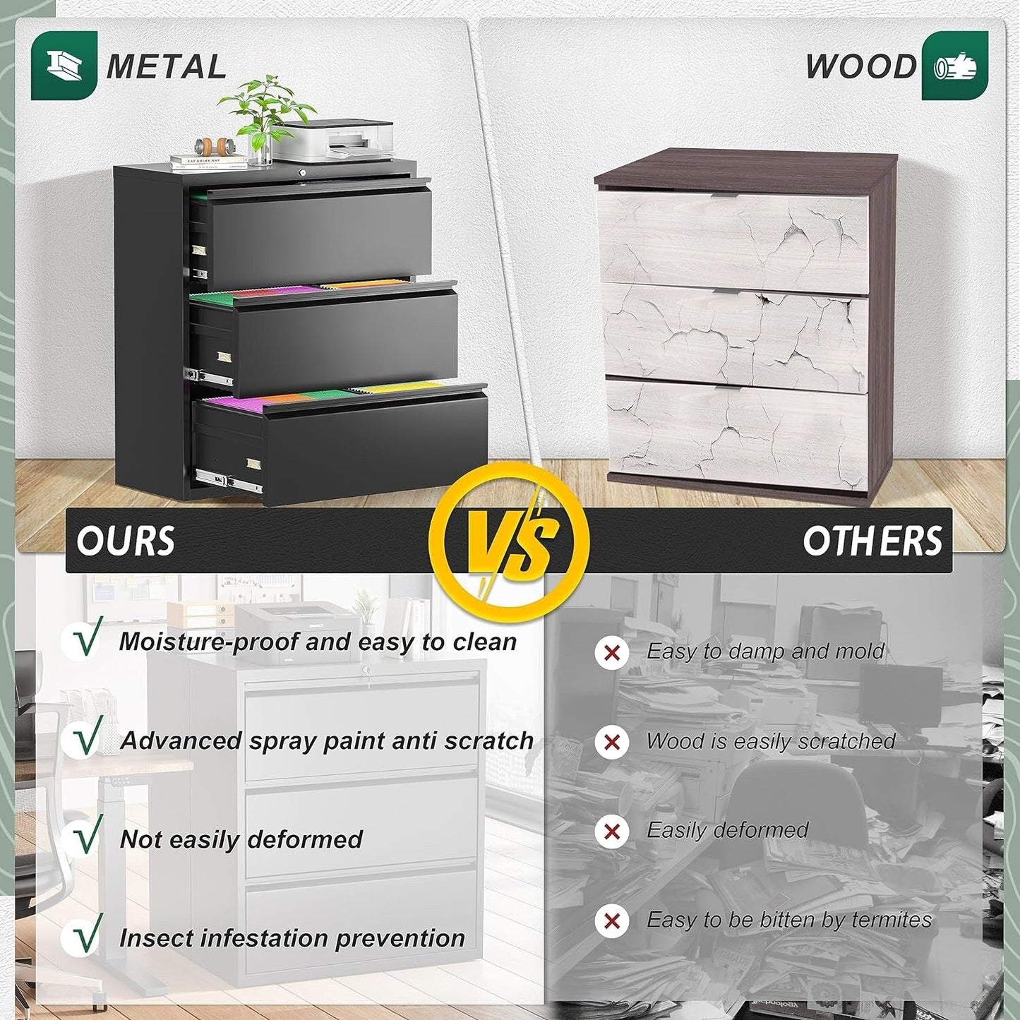 3 Drawer Metal Locking File Cabinet for Home Office, Rolling Cabinet Fully Assembled