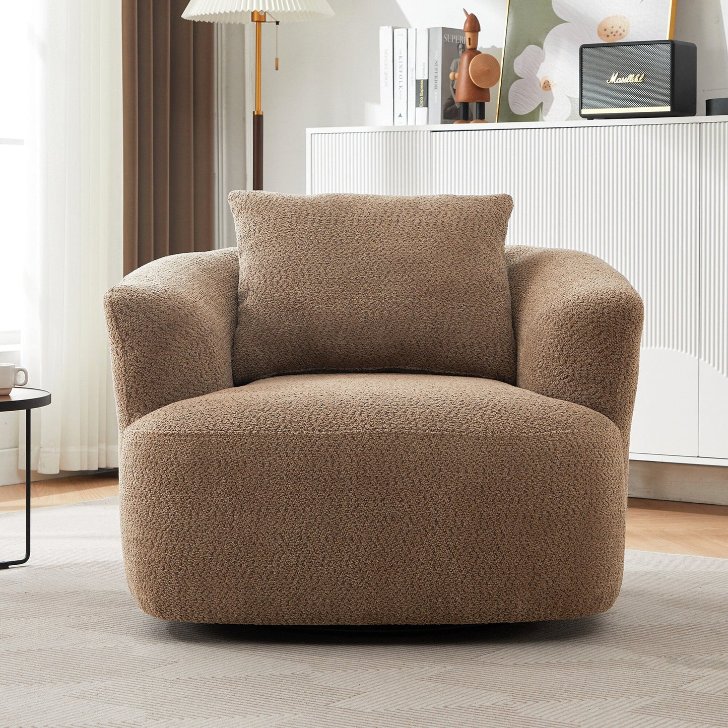 Fauteuil pivotant à 360°, fauteuil d'appoint en bouclette de 38,2 cm avec coussin décoratif, fauteuil-canapé rembourré de forme cylindrique avec accoudoirs incurvés