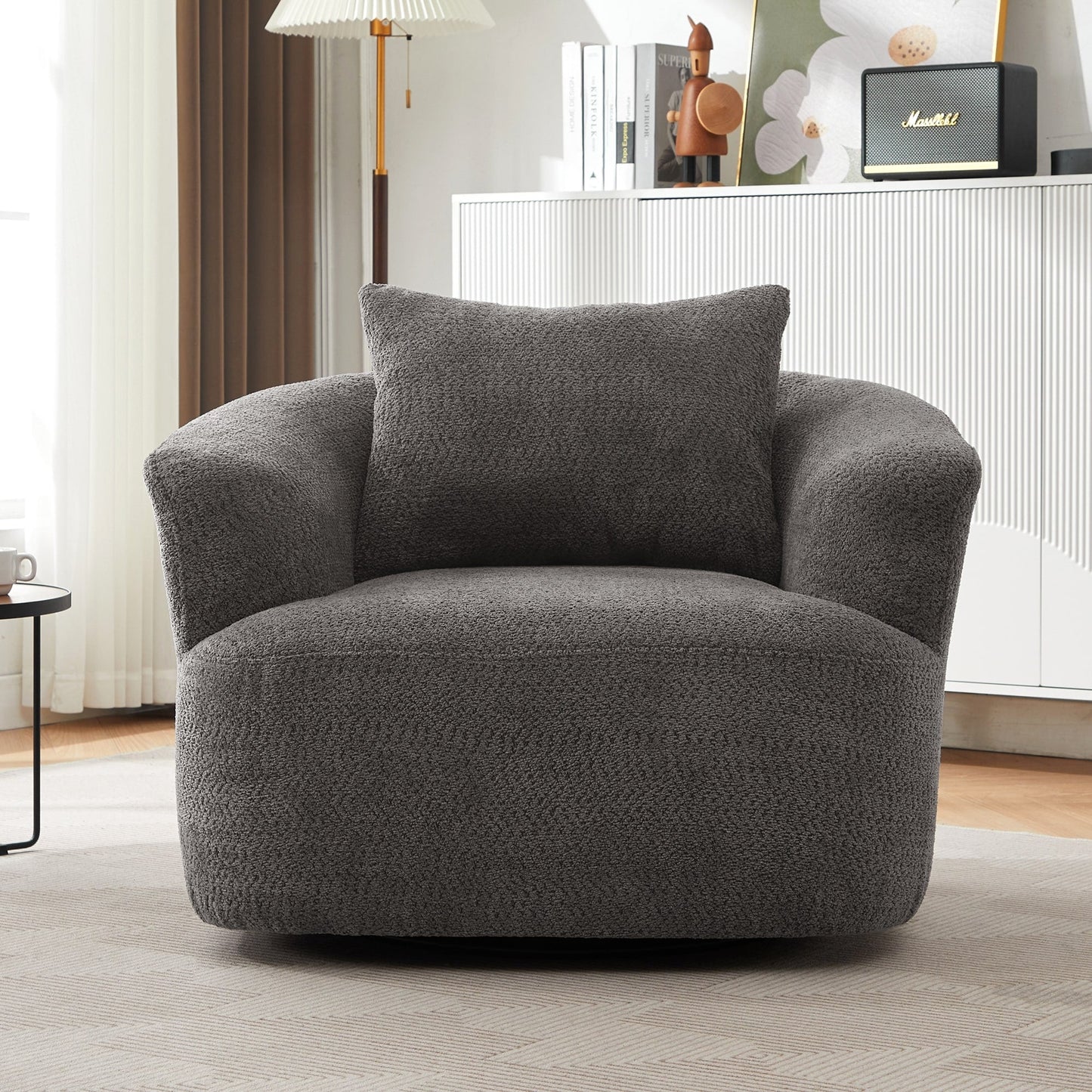 Fauteuil pivotant à 360°, fauteuil d'appoint en bouclette de 38,2 cm avec coussin décoratif, fauteuil-canapé rembourré de forme cylindrique avec accoudoirs incurvés