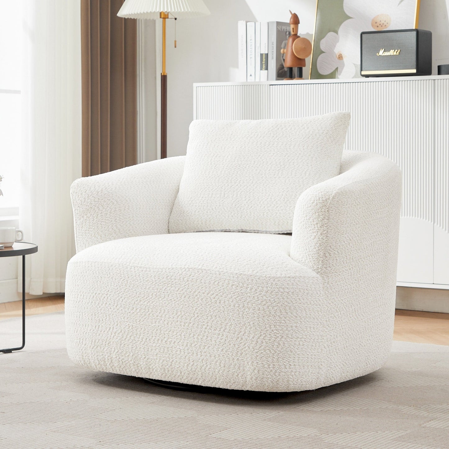 Fauteuil pivotant à 360°, fauteuil d'appoint en bouclette de 38,2 cm avec coussin décoratif, fauteuil-canapé rembourré de forme cylindrique avec accoudoirs incurvés