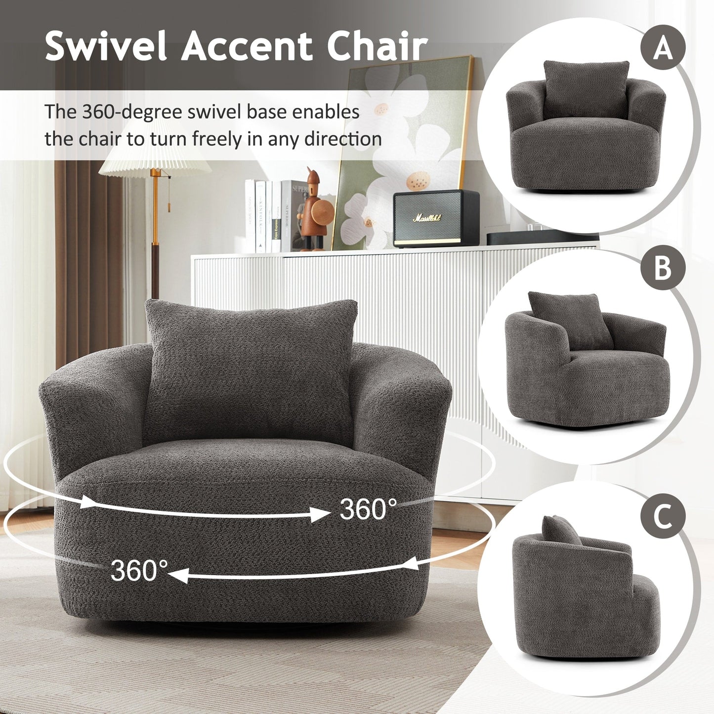 Fauteuil pivotant à 360°, fauteuil d'appoint en bouclette de 38,2 cm avec coussin décoratif, fauteuil-canapé rembourré de forme cylindrique avec accoudoirs incurvés