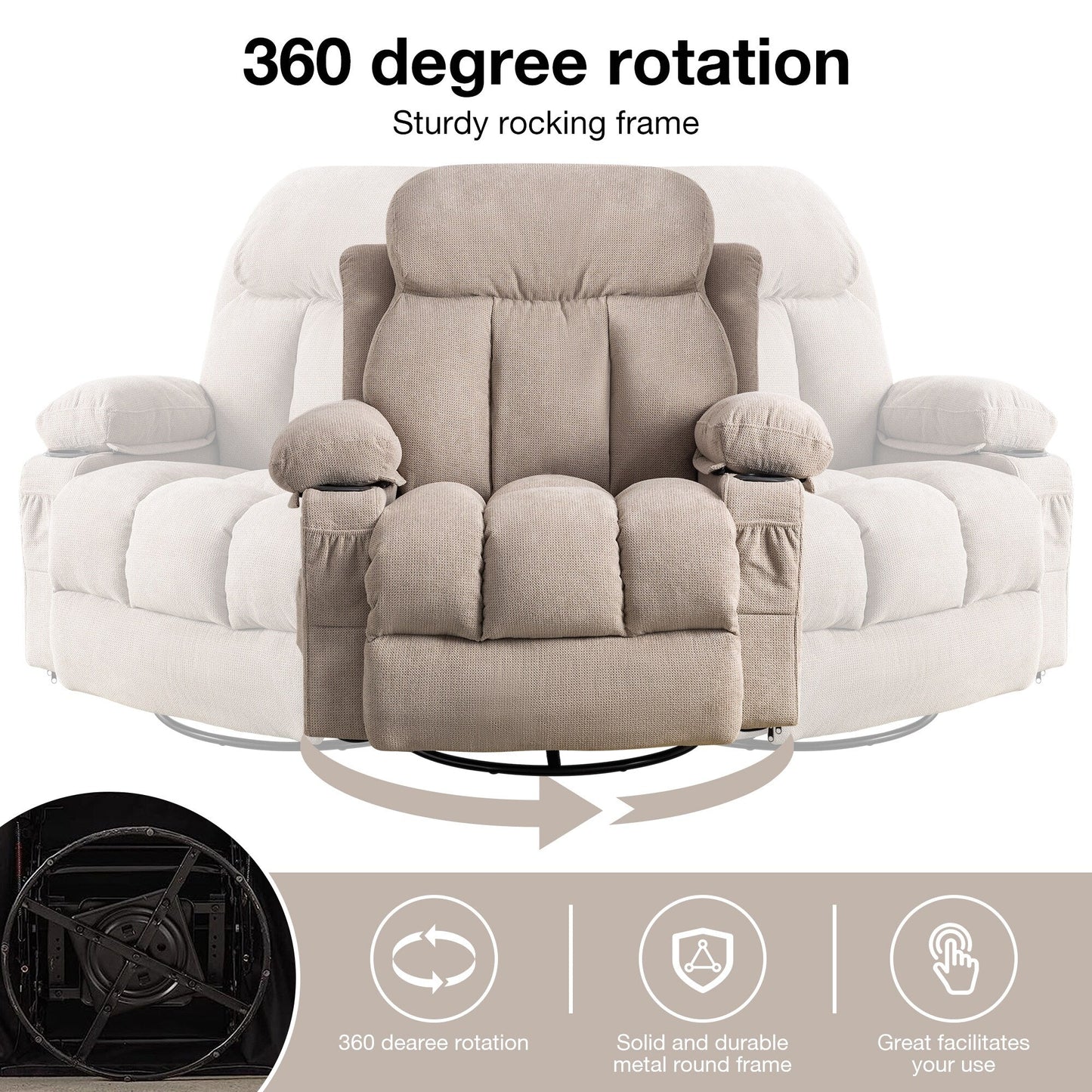 Fauteuil inclinable pivotant à 360° avec massage, chauffage, port USB et porte-gobelets