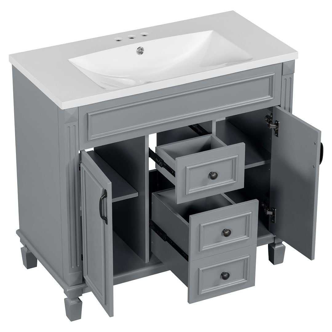 Meuble-lavabo moderne de 36 po avec lavabo supérieur et armoire à miroir, 2 portes et 2 tiroirs