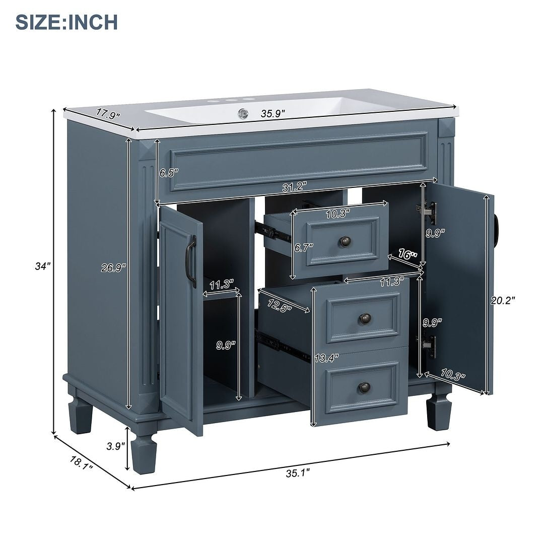 Meuble-lavabo moderne de 36 po avec lavabo supérieur et armoire à miroir, 2 portes et 2 tiroirs