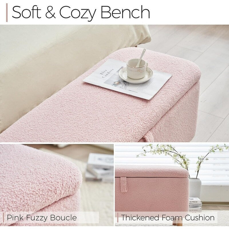 Banc ottoman de rangement en sherpa blanc cassé, repose-pieds, pour salon, chambre à coucher, pieds en bois