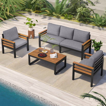 4-Piece Outdoor Sofa Set for 5 People with Removable Cushion & Solid Wood Coffee Table