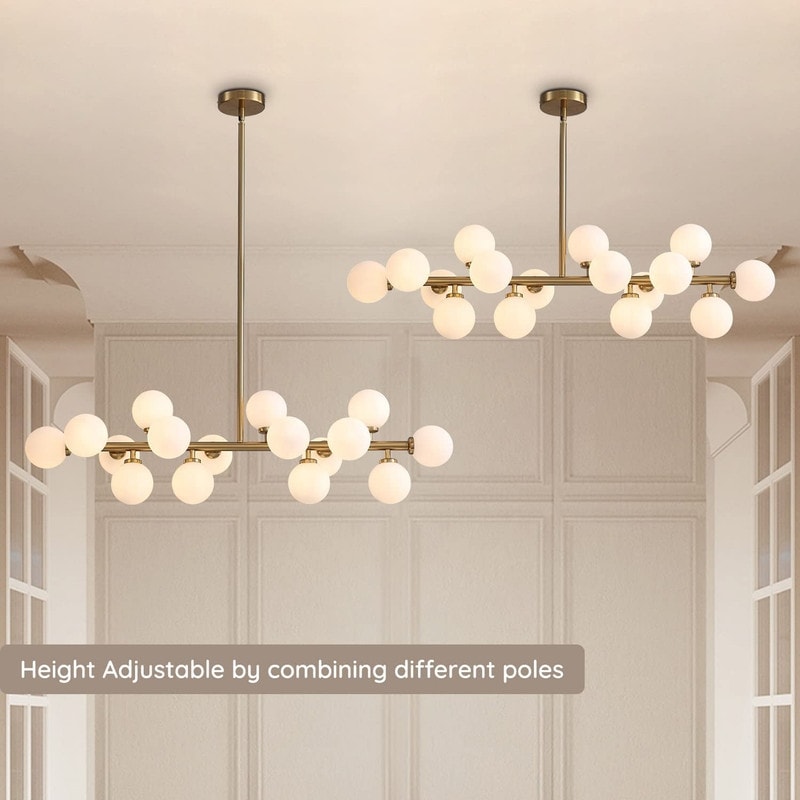 Lustre linéaire moderne du milieu du siècle de 40 po, suspension Spoutnik à 16 ampoules en laiton doré avec globe en verre dépoli pour salle à manger