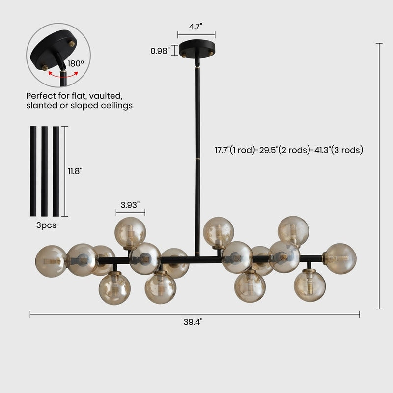 Lustre linéaire moderne du milieu du siècle de 40 po, suspension Spoutnik à 16 ampoules en laiton doré avec globe en verre dépoli pour salle à manger