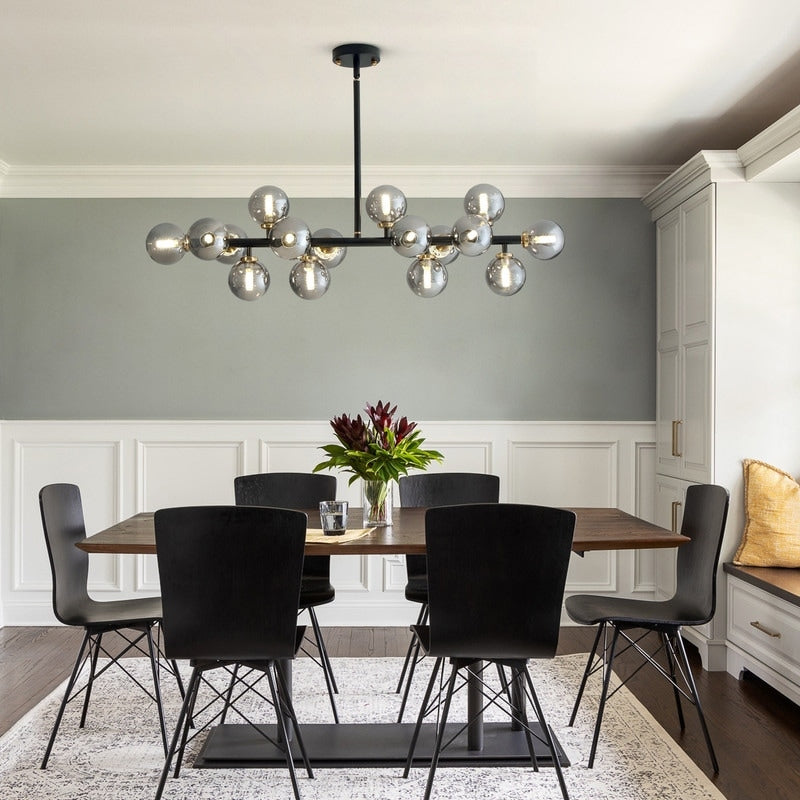 Lustre linéaire moderne du milieu du siècle de 40 po, suspension Spoutnik à 16 ampoules en laiton doré avec globe en verre dépoli pour salle à manger