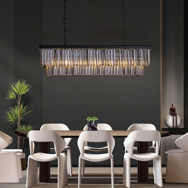 Lustre contemporain en cristal gris fumé et noir de 47 po, luminaire suspendu linéaire à deux niveaux pour îlot de cuisine et salle à manger