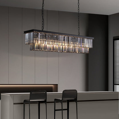 Lustre contemporain en cristal gris fumé et noir de 47 po, luminaire suspendu linéaire à deux niveaux pour îlot de cuisine et salle à manger