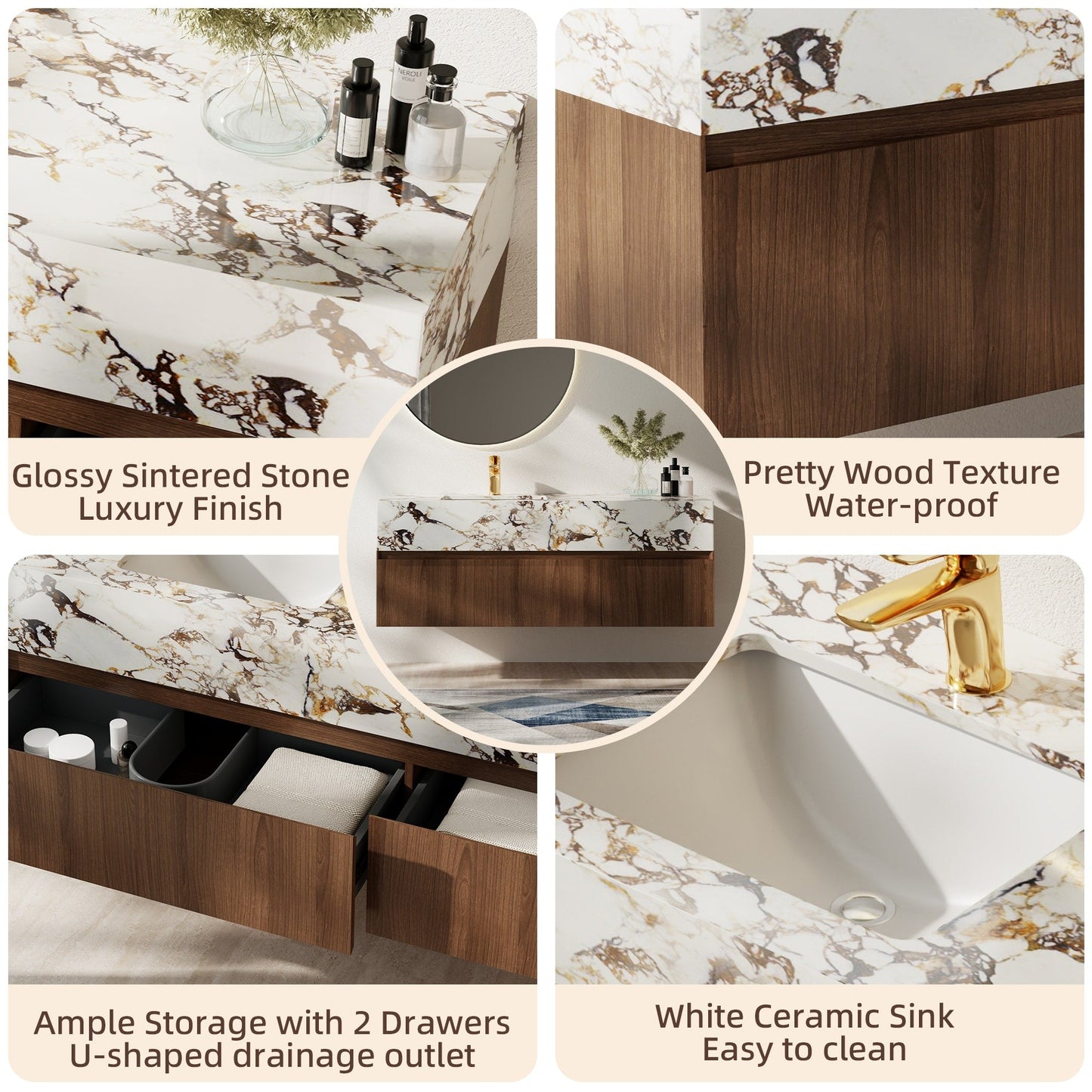 Meubles-lavabos simples modernes de 48 po, avec dessus en faux marbre brillant, bois massif