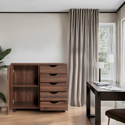 5-Drawer Wood Storage Dresser Cabinet with Wheels - Craft Organizer and Makeup Drawer Unit for Closet and Bedroom