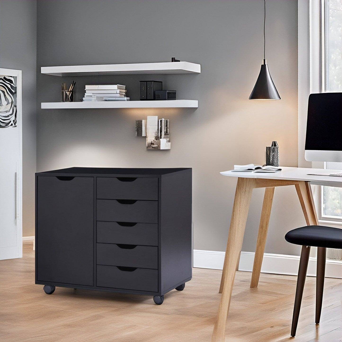 5-Drawer Wood Storage Dresser Cabinet with Wheels - Craft Organizer and Makeup Drawer Unit for Closet and Bedroom