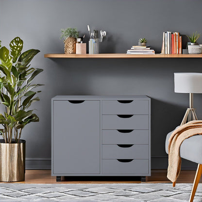 5-Drawer Wood Storage Dresser Cabinet with Wheels - Craft Organizer and Makeup Drawer Unit for Closet and Bedroom