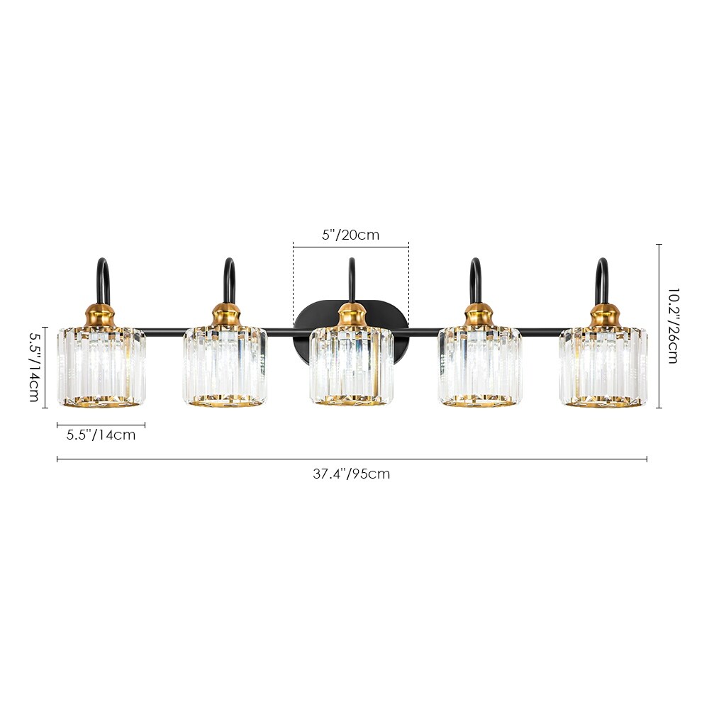 Luminaires de salle de bain en cristal à 5 ​​lumières, style glamour, linéaires et à intensité variable, avec abat-jour cylindrique en cristal