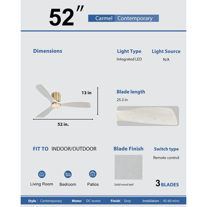 Ventilateur de plafond encastré Sofucor 52 pouces avec télécommande, moteur réversible et éclairage intégré en option