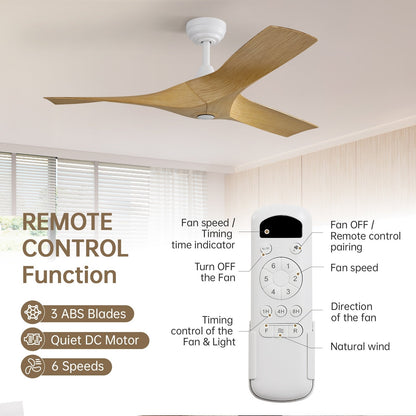 Ventilateur de plafond moderne en bois massif/ABS de 52 pouces avec télécommande (sans lumière), 6 vitesses de vent, flux d'air réversible