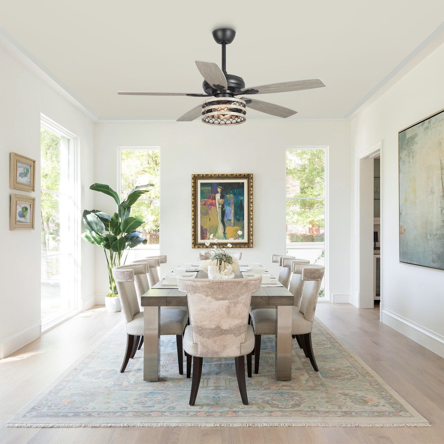 Ventilateur de plafond cage noir à 5 pales Farmhouse Driftwood avec télécommande