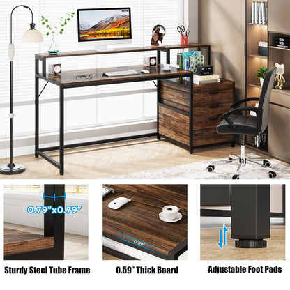 Bureau d'ordinateur 63 avec support d'écran, bureaux ergonomiques pour la maison avec tiroirs et classeur