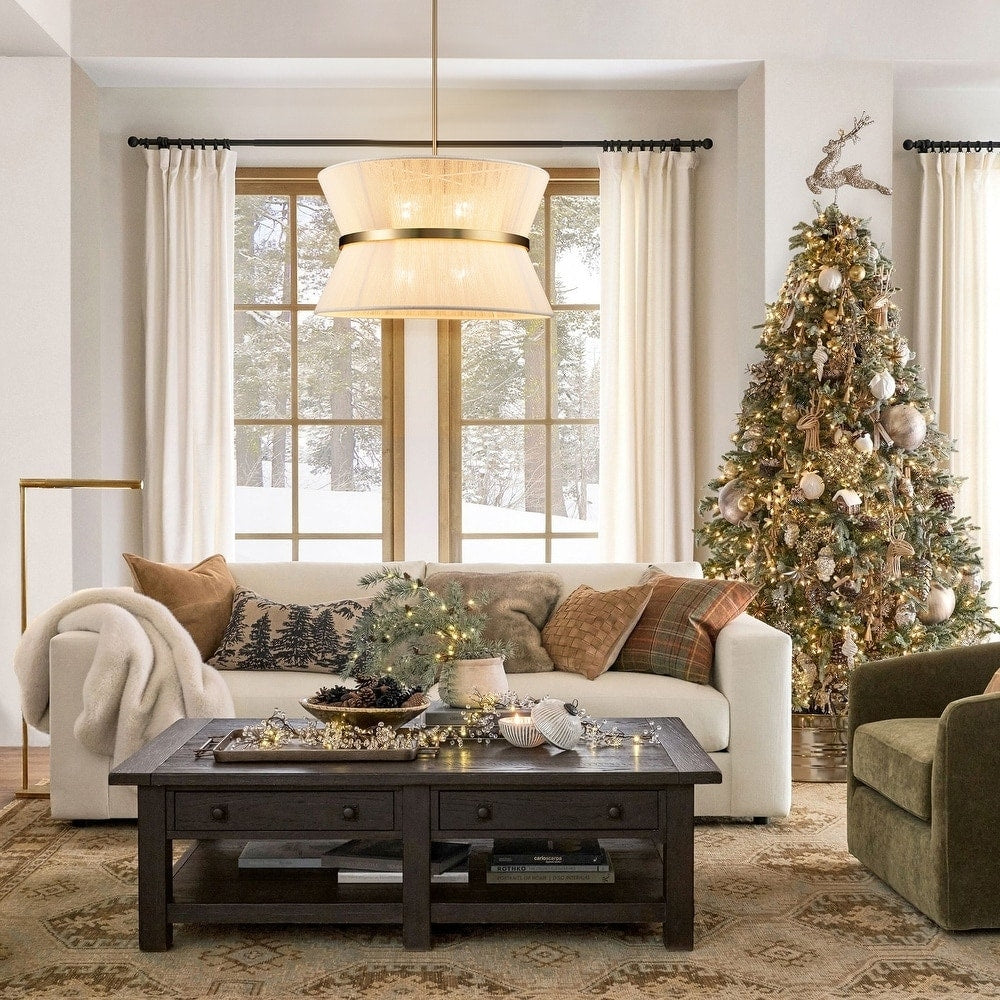 Lustre tambour bohème moderne à 8 lumières, grand format, 61 cm, en tissu tissé à la main, couleur or/noir, pour salle à manger/salon