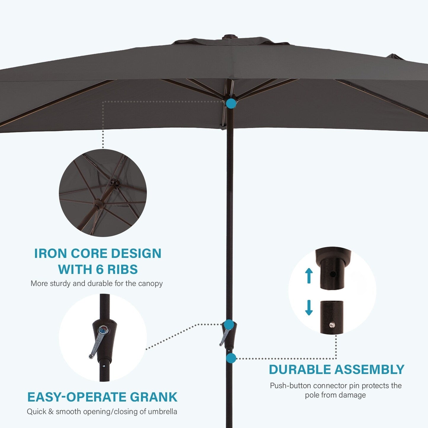 8*10ft Rectangular Patio Market Umbrella with Crank & Tilt，UV-Resistant