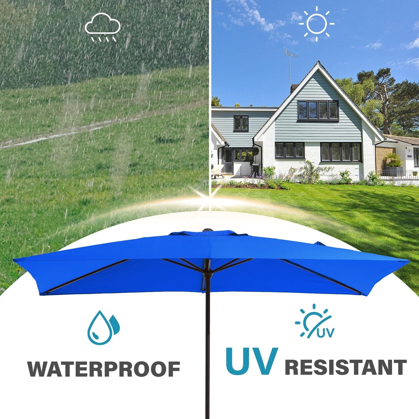 8*10ft Rectangular Patio Market Umbrella with Crank & Tilt，UV-Resistant