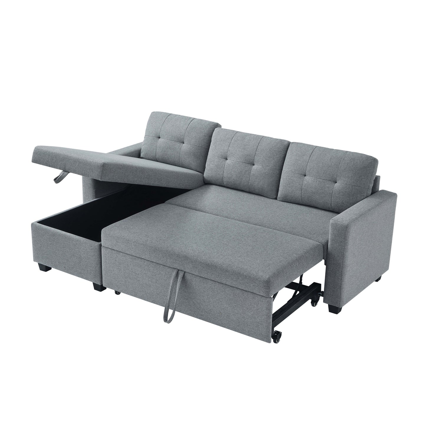81.5'' Upholstered Convertible 3 Seater Sleeper Sofa with Pull-Out Bed, Reversible Storage Chaise, and Back Cushions