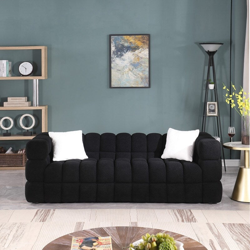 84.3 Luxurious Large Boucle Sofa 3 Seater Marshmallow Upholstered Sofa with 2pc Square Accent Pillows and Square Arm