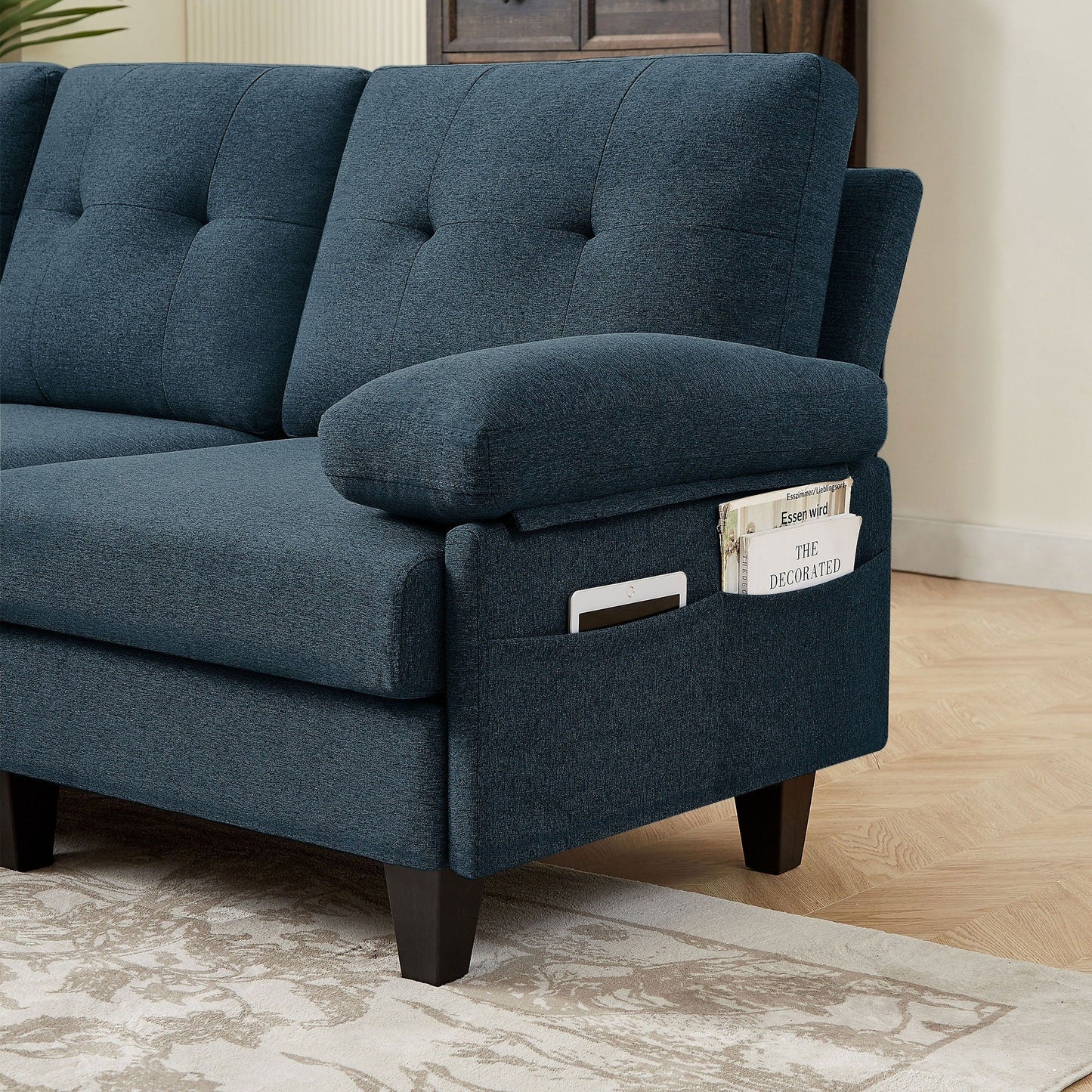 Canapé sectionnel en L 86,22 pouces avec poches de rangement latérales