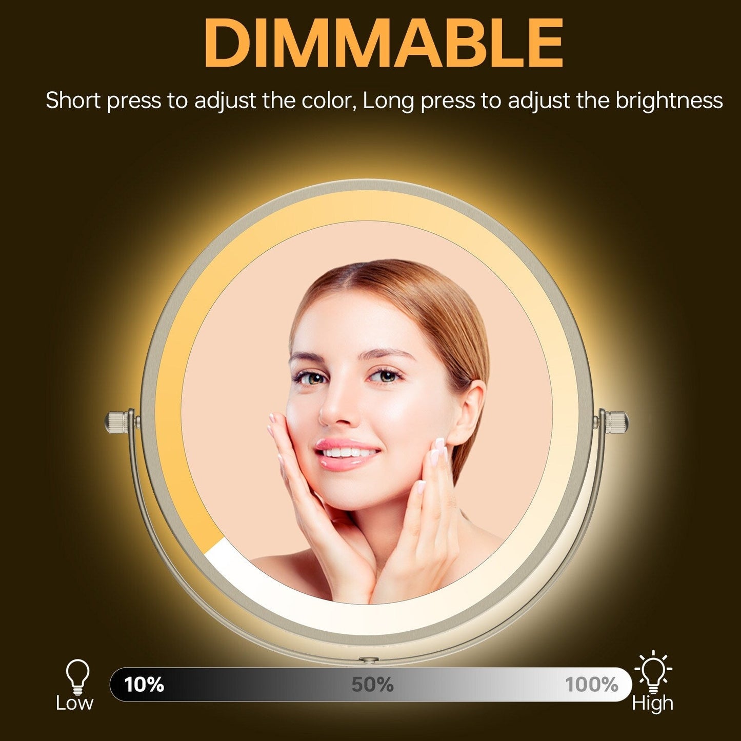 Miroir de maquillage mural rond de 8 pouces pour salle de bain, rechargeable, grossissement 1x/10x, 3 couleurs d'éclairage