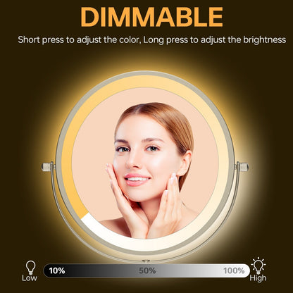 Miroir de maquillage mural rond de 8 pouces pour salle de bain, rechargeable, grossissement 1x/10x, 3 couleurs d'éclairage
