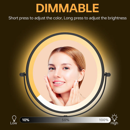 Miroir de maquillage mural rond de 8 pouces pour salle de bain, rechargeable, grossissement 1x/10x, 3 couleurs d'éclairage